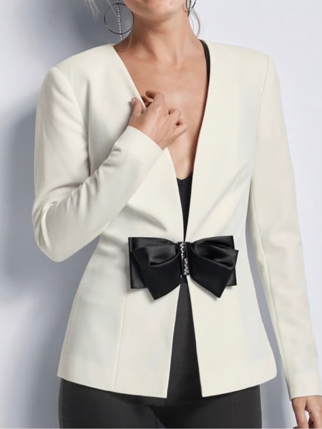 Brand New Venus Elegant Cream Long-Sleeve Blazer With Black Bow